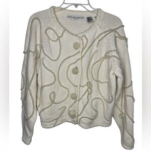 Michael Simon Pearl Embellished Button Front Knit Cardigan Sweater Cream
